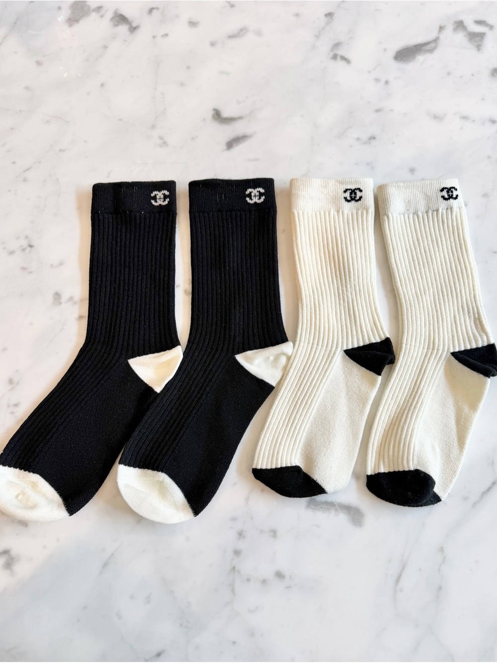 CC Black & White Ribbed Crew Socks - Pair